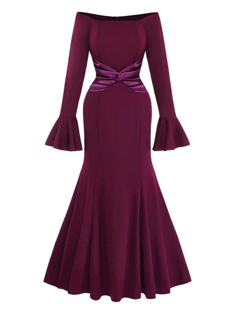 1930er Solide Schulterfrei Plissiertes Glockenärmel Kleid