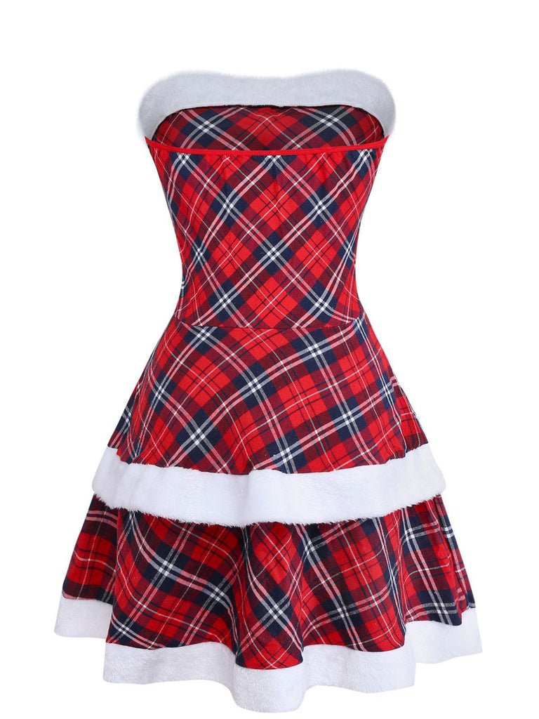 Rot 1960er Plaid Trägerlos Patchwork Kleid Set