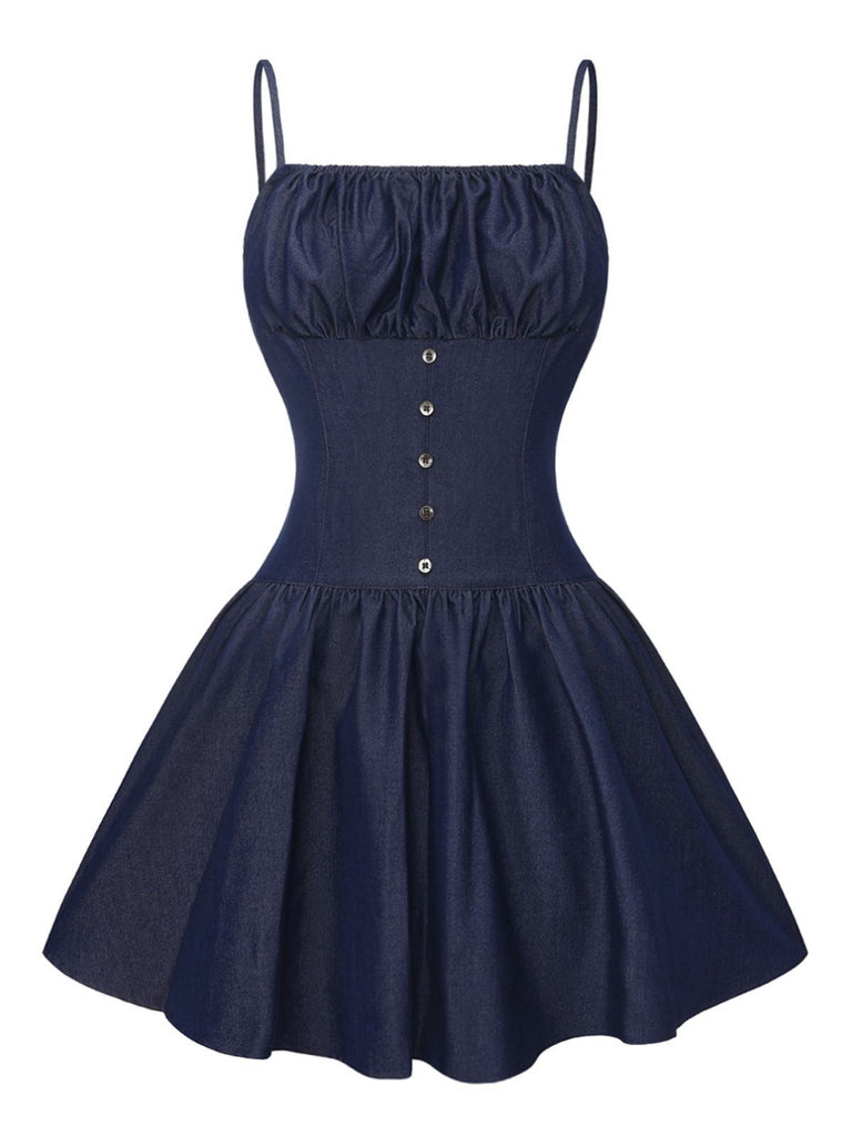 Blau 1960er Spaghetti Träger Gerafft Mini Kleid