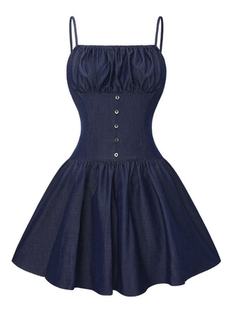 Blau 1960er Spaghetti Träger Gerafft Mini Kleid