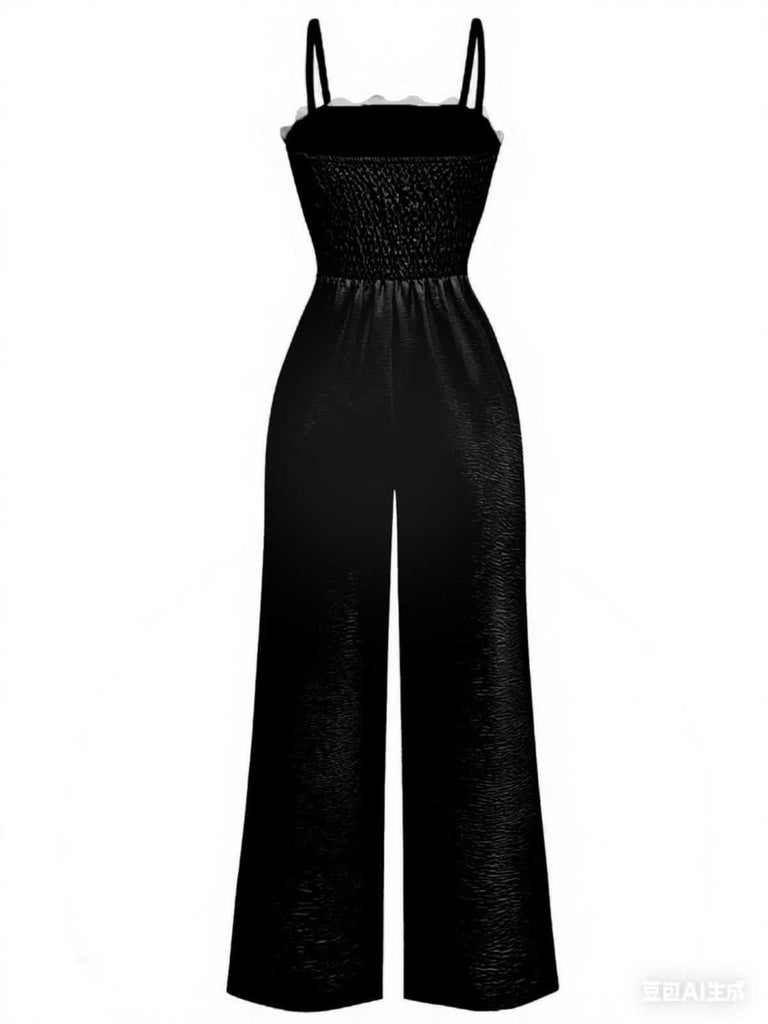 1970er Welle-Trimmen Spaghetti Träger Weites Bein Jumpsuit
