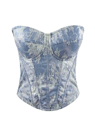 Blau 1950er Träger Denim Spitze Korsett Top