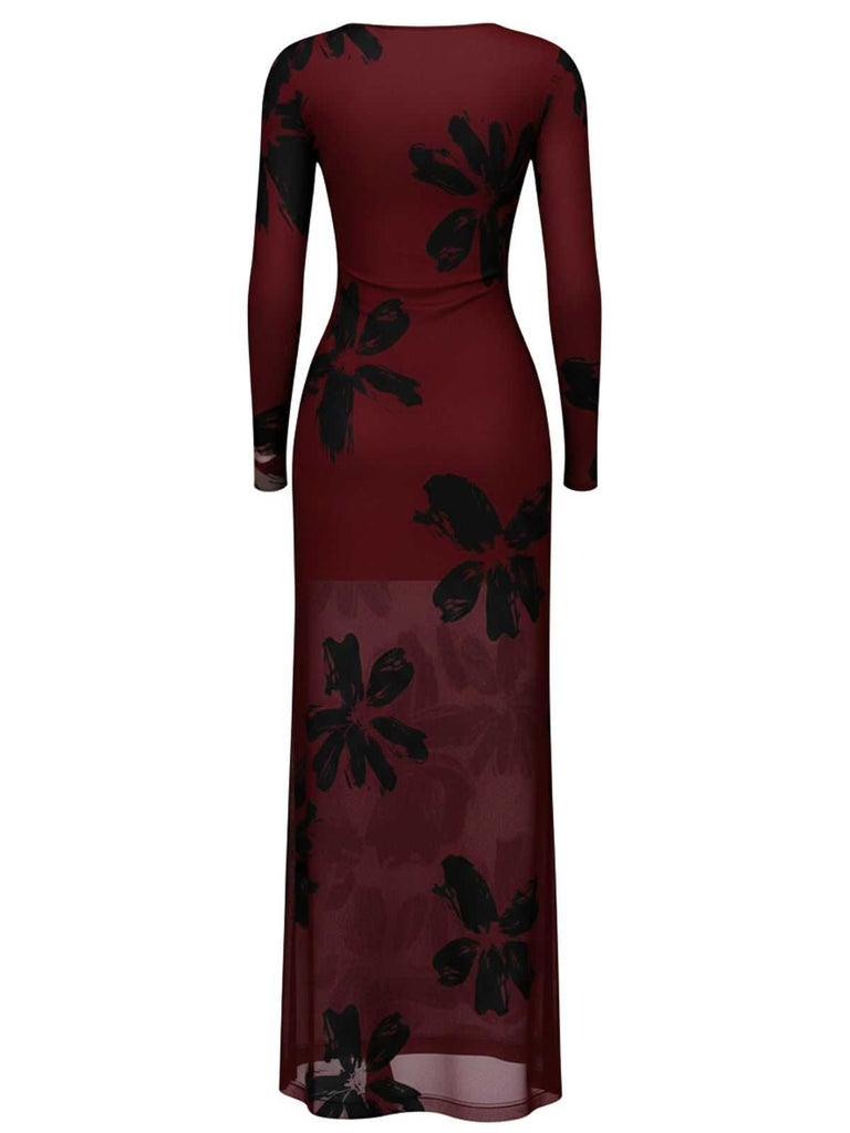 1930er Blumen Netz Langarm Maxi Kleid