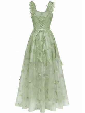 Grün 1930er Spaghetti Träger 3D Schmetterlinge Netz Maxi Kleid