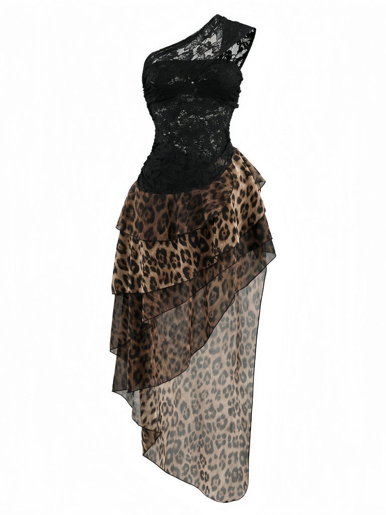 Schwarz 1980er Spitze Leopard Druck Asymmetrisch Kleid