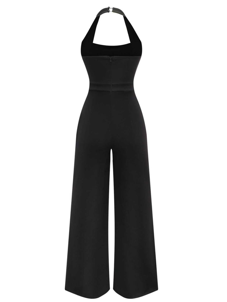1960er Halter Farbblock Weites Bein Rückenfrei Jumpsuit