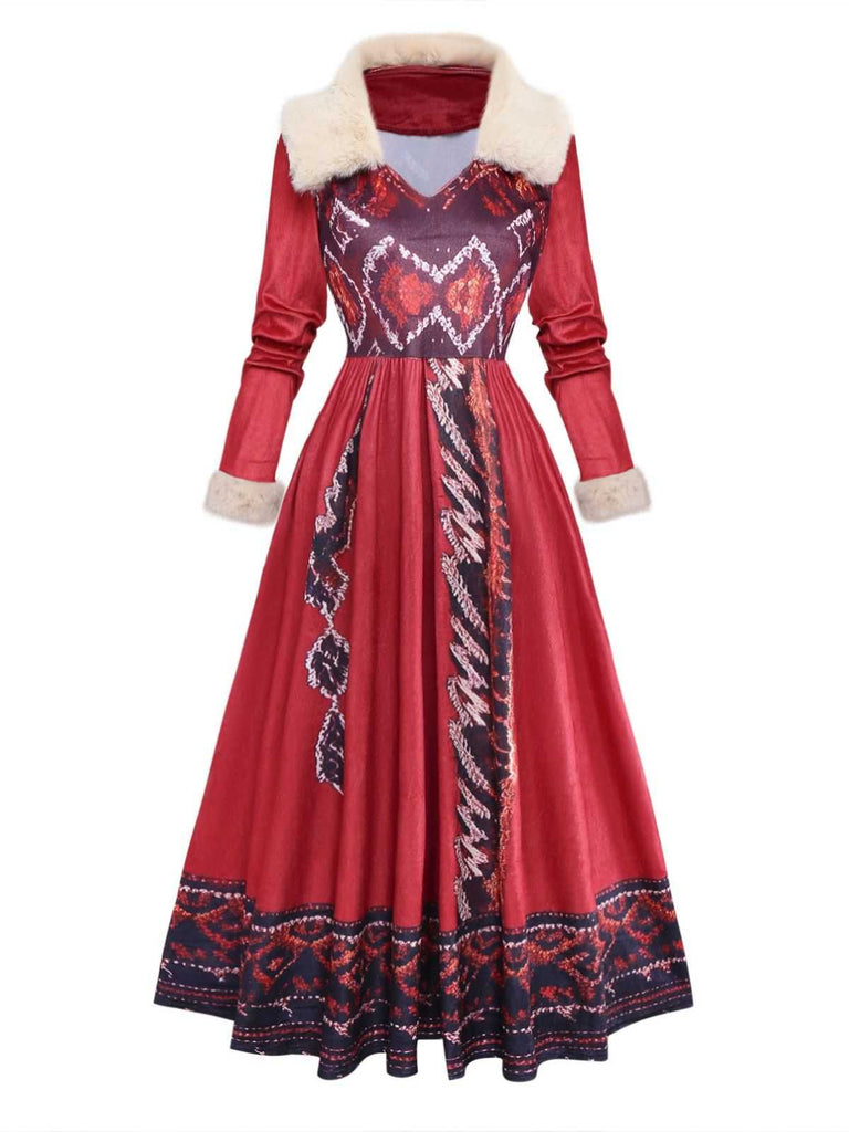 Rot 1970er Abnehmbar Pelz Kragen Boho Kleid
