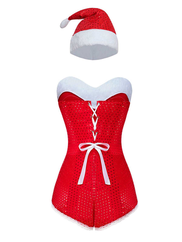 1980er Pailletten Weihnachten Trägerlos Romper Mit Hut & Stulpen