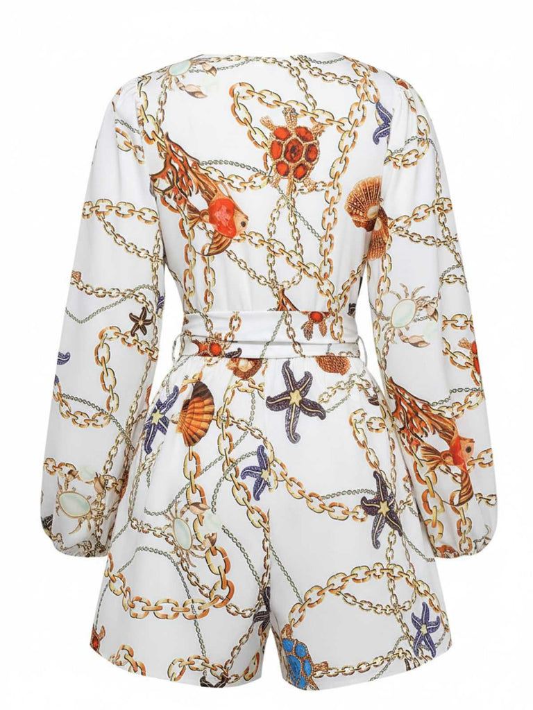 Weiß 1960er V-Ausschnitt Ketten Muschel Taille Cutout Romper