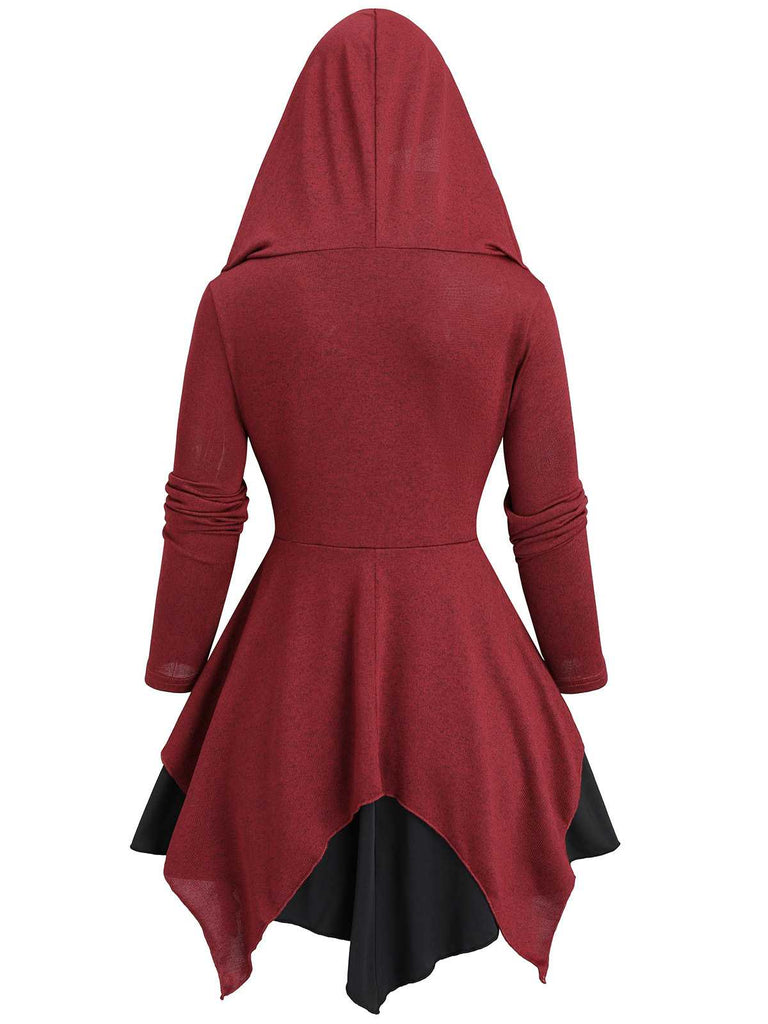 Rot 1980er Gothic Asymmetrischer Saum Hooded Jacke