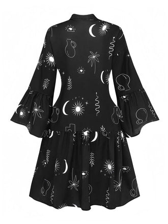 Schwarz 1970er Sonne & Mond Ausgestellte Ärmel Hemd Kleid