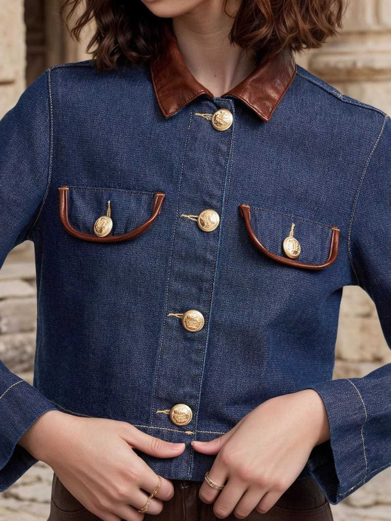 Blau 1950er Leder Rever Tasche Denim Jacke