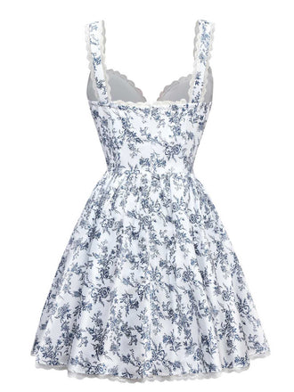 Blau 1950er Träger Blumen Spitze Korsett Kleid