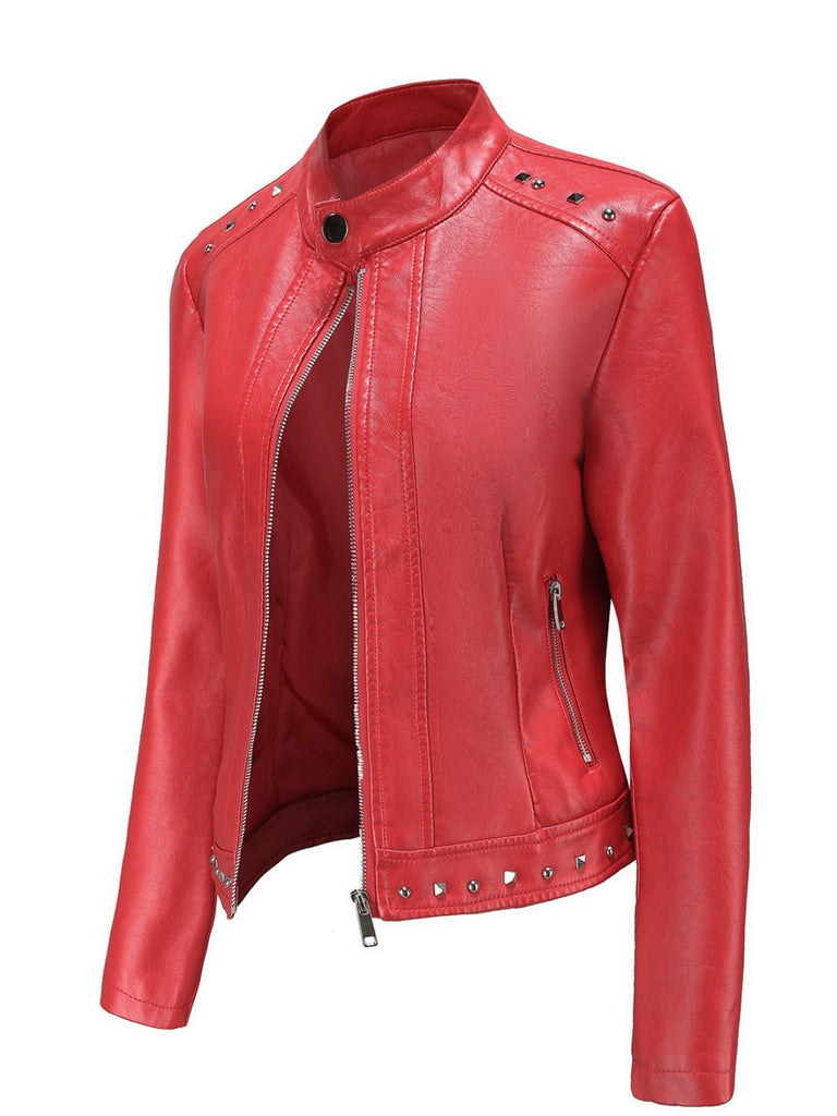 1940er Solide Nietenbesetzter Stehkragen Leder Jacke