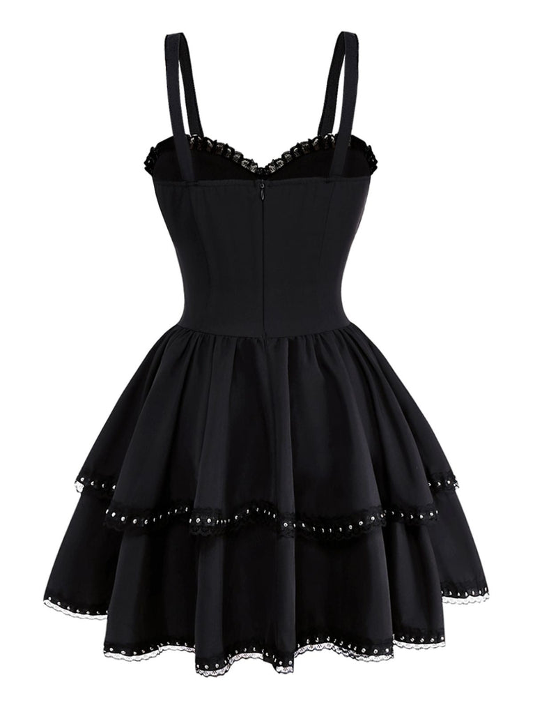 Schwarz 1980er Gothic Geschichtet Spitze Spaghetti-Träger Kleid