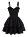 Schwarz 1980er Gothic Geschichtet Spitze Spaghetti-Träger Kleid