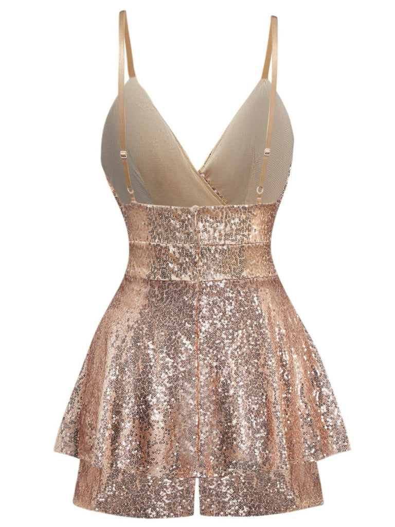 1960er Pailletten Riemchen V-Ausschnitt Culotte Romper