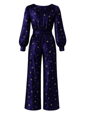 [Vorverkauf] Tiefblau 1950er Stern V-Ausschnitt Weites Bein Samt Jumpsuit