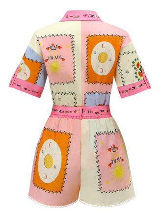 2PCS 1970er Boho Blumen Bluse & Gürtel Shorts