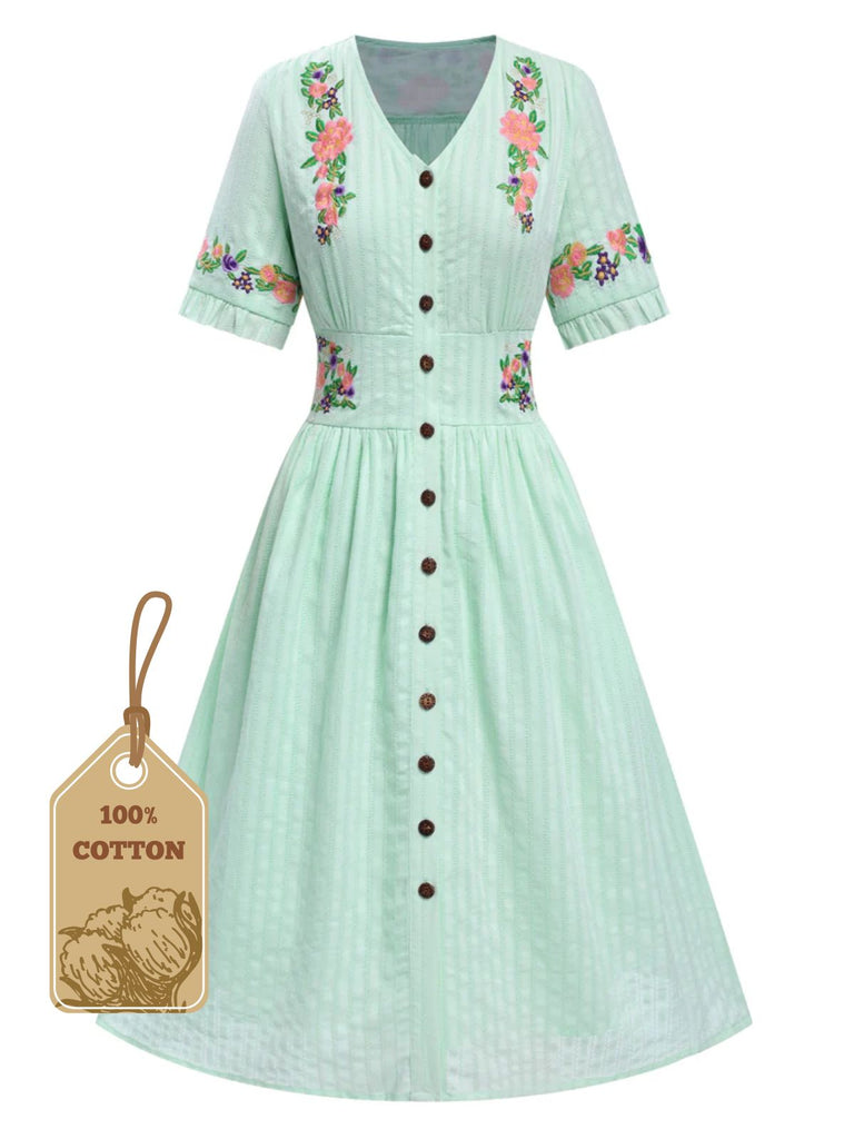 [Vorverkauf] Schwarz 1940er V-Ausschnitt Knöpfen Baumwolle Blumen Kleid