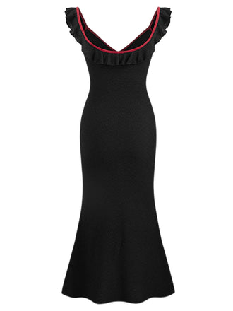 Schwarz 1930er V-Ausschnitt Rüschen Stricken Meerjungfrauenkleid