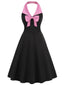 Schwarz 1950er Halter Bogen Patchwork A-linie Kleid