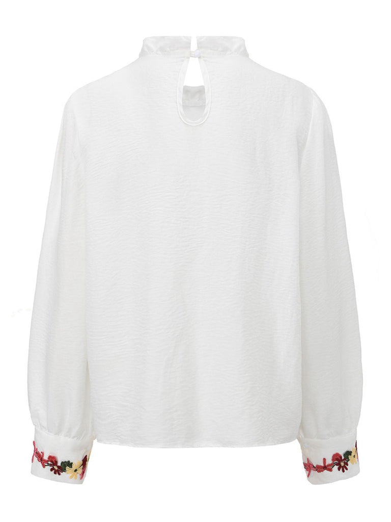 Weiß 1930er Blumen Besticktes Rüschen Kragen Bluse