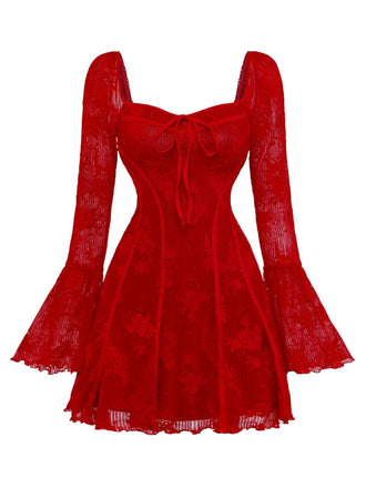 Rot 1960er Blumen Bogen Glockenärmel Gestrickt Kleid