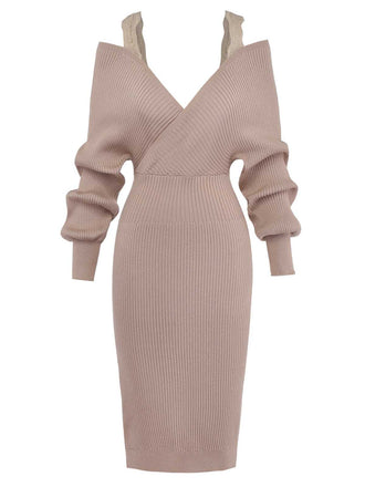 Khaki 1960er Schulterfrei Spitze Schlitz Gestrickt Kleid