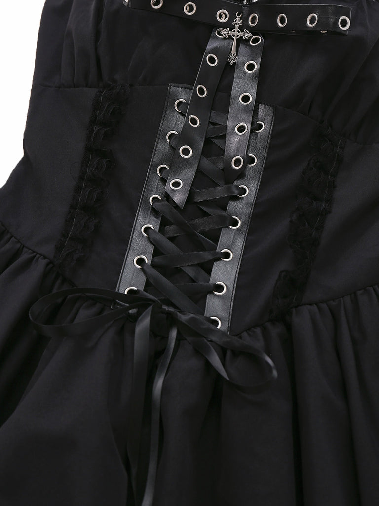 Schwarz 1980er Gothic Geschichtet Spitze Spaghetti-Träger Kleid