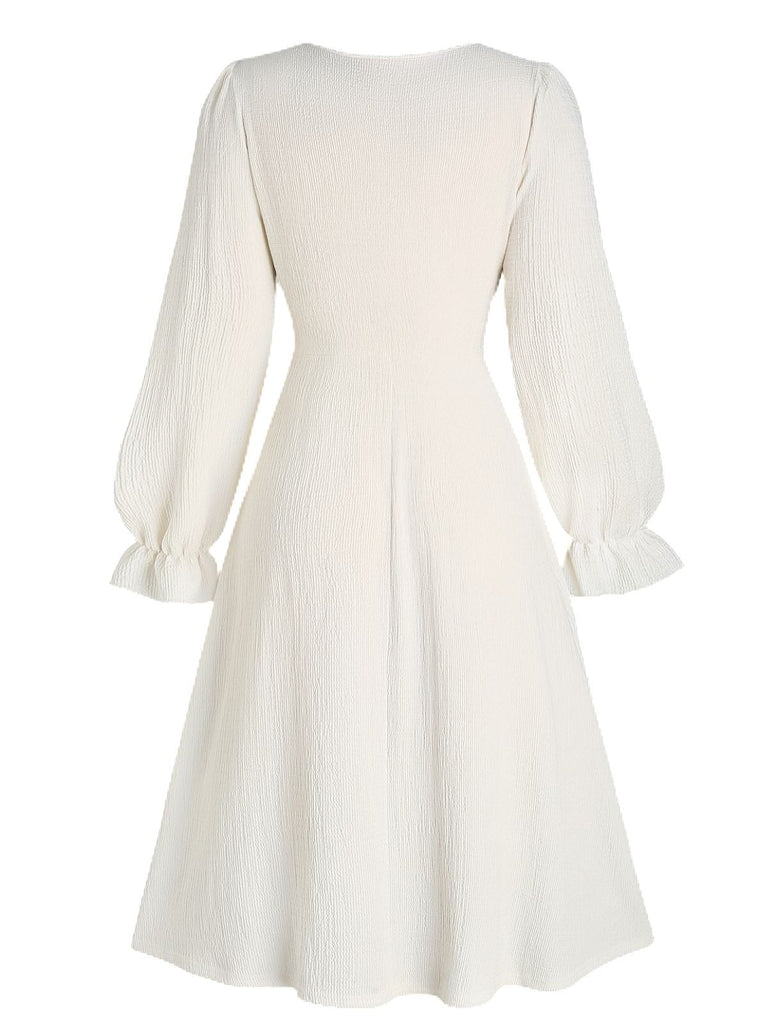 [Übergröße] Beige 1940er Blumen Rüschenärmel Patchwork Kleid