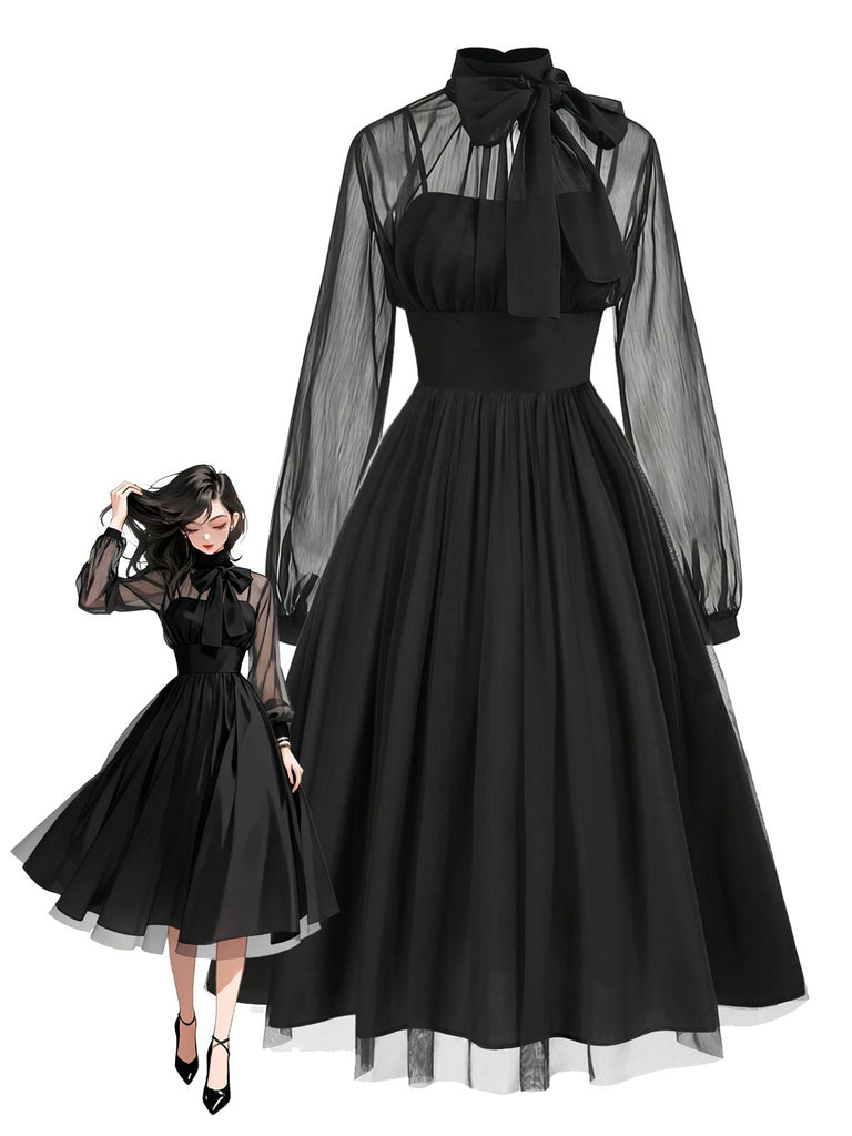[Vorverkauf] Schwarz 1950er Sheer Netz Patchwork Schnürung Kleid