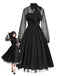 [Vorverkauf] Schwarz 1950er Sheer Netz Patchwork Schnürung Kleid