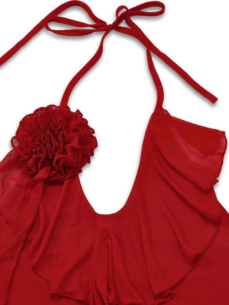Rot 1960er Rüschen 3D Blumen Schnürung Halter Kleid