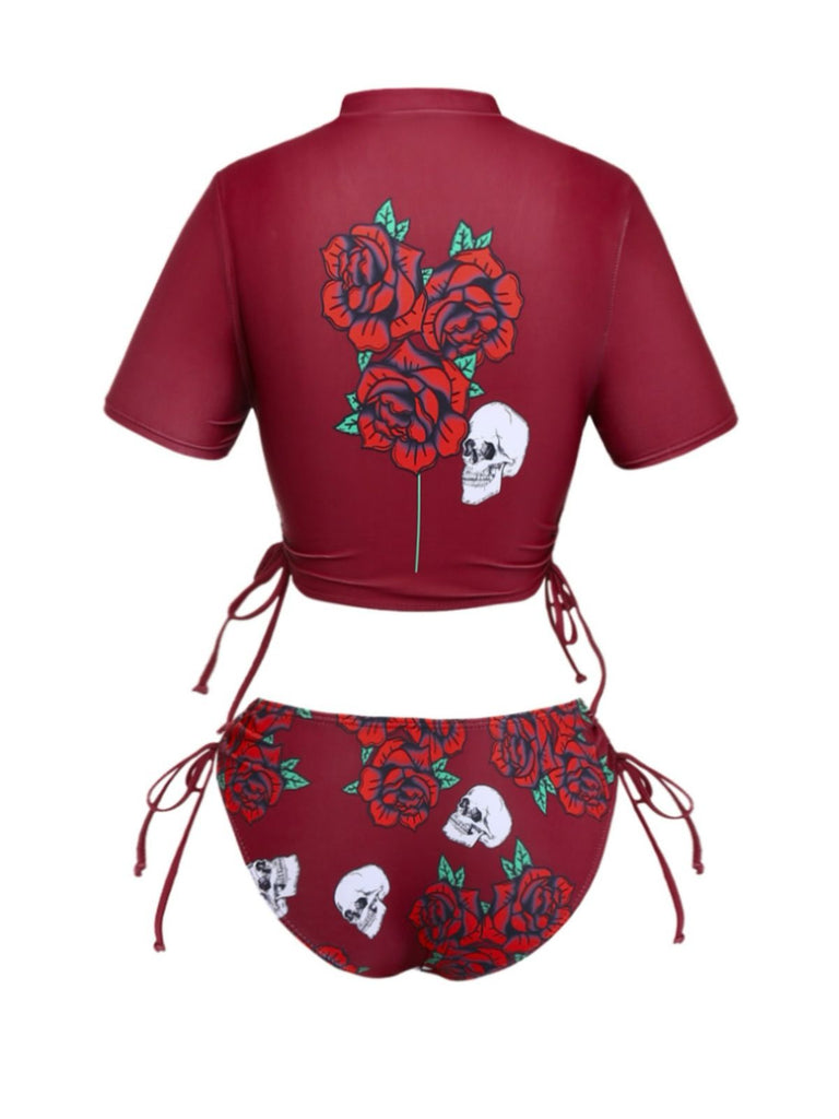 1980er Totenkopf Rose Grafik Tankini Set