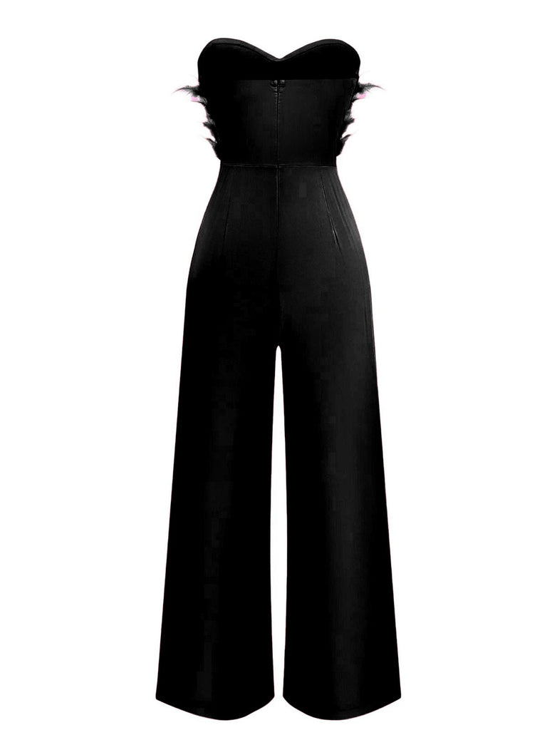 1970er Solide Trägerlos Feder Jumpsuit