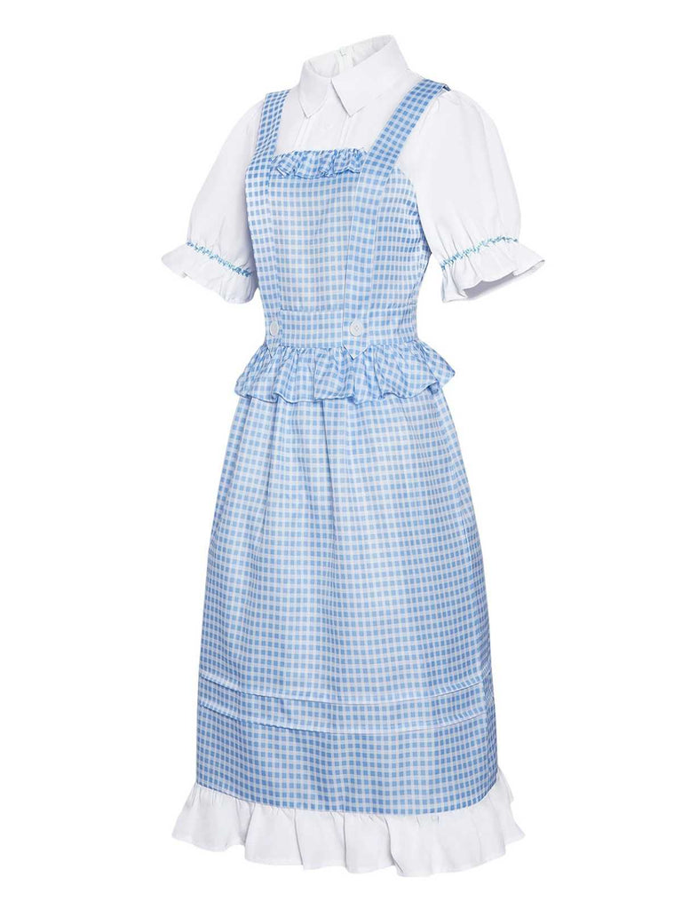 Blau 1970er Gingham Rüschen Puffärmel Kostüm Kleid