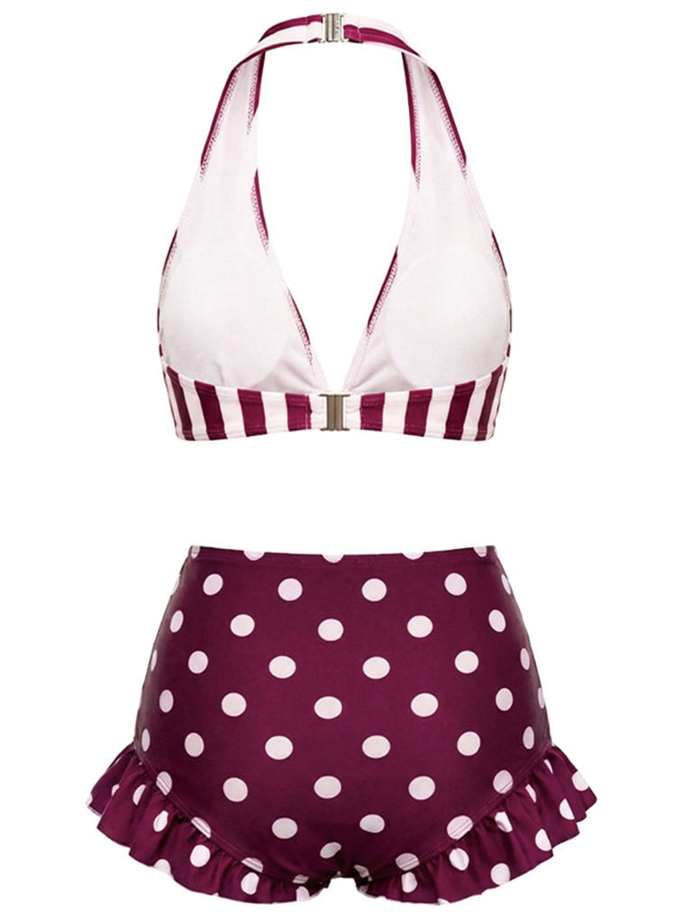 [Vorverkauf] Rot 1940er Streifen Halter Polka Punkte Rüschen Bikini Set