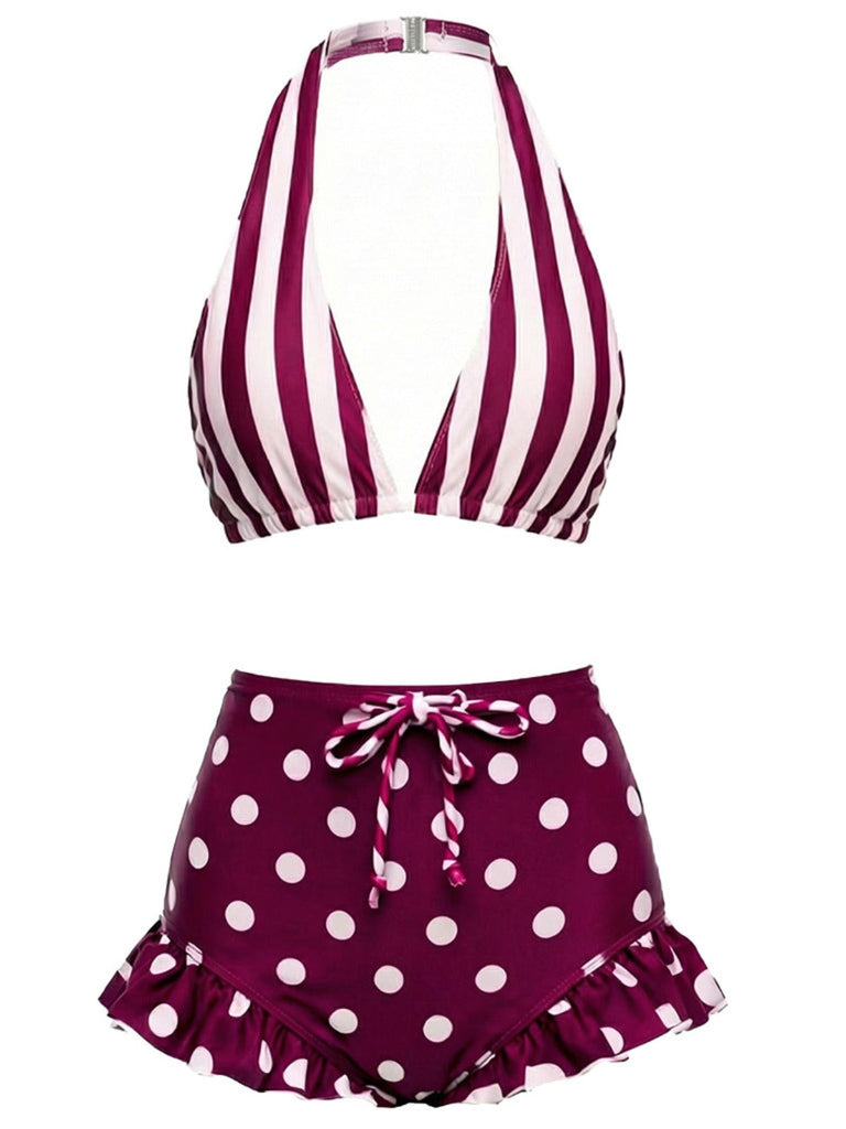 [Vorverkauf] Rot 1940er Streifen Halter Polka Punkte Rüschen Bikini Set