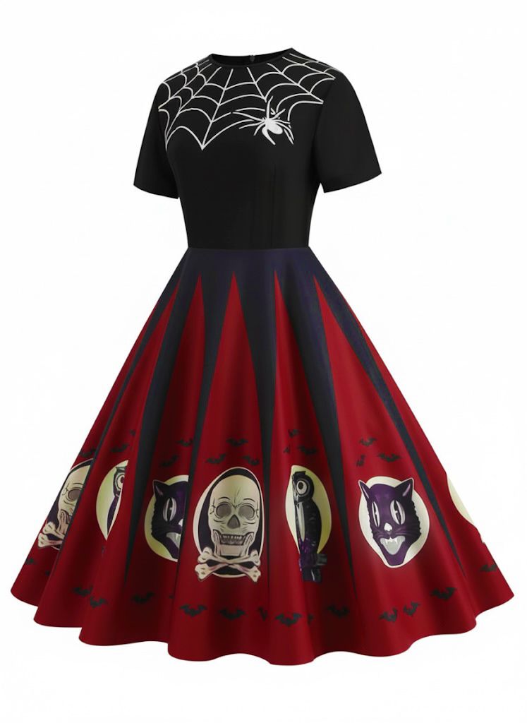 [Vorverkauf] Rot 1950er Halloween Spinnennetz Druck Patchwork Kleid