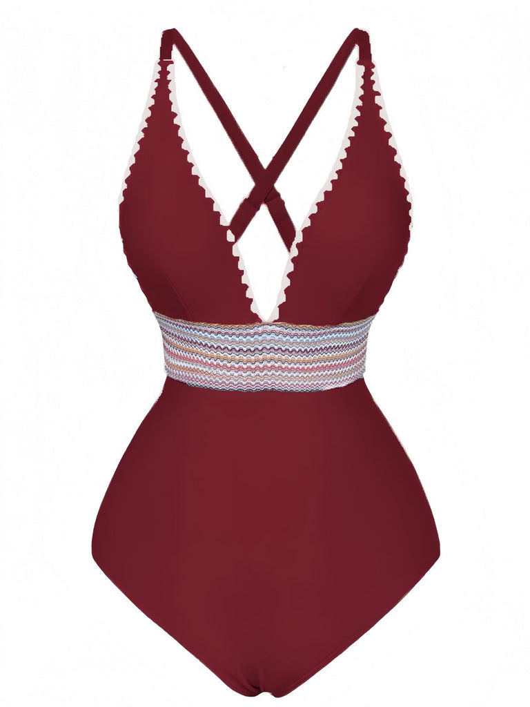 1940er Tiefer V-Ausschnitt Wellig Patchwork Einteiliger Badeanzug