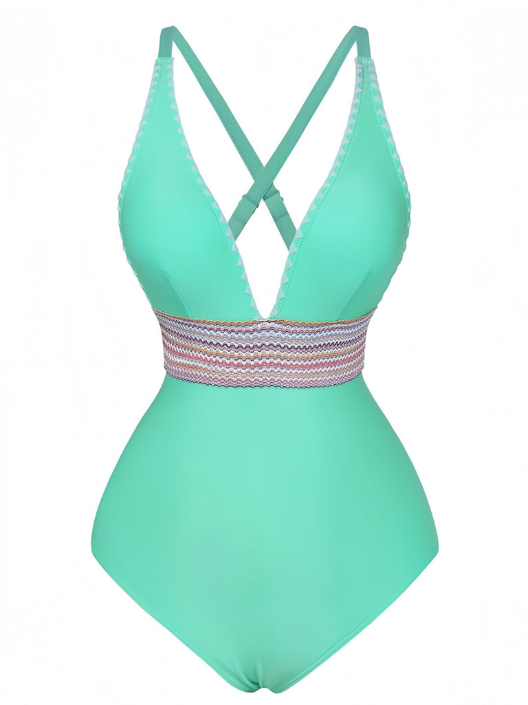 1940er Tiefer V-Ausschnitt Wellig Patchwork Einteiliger Badeanzug