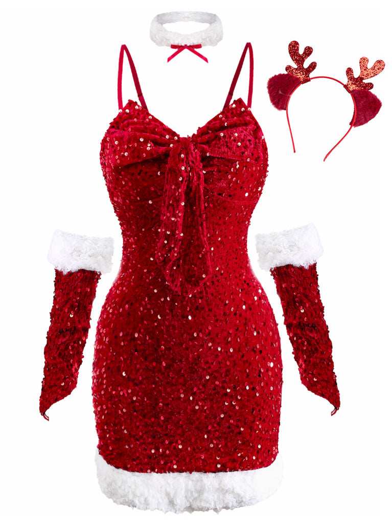 Rot 1960er Weihnachten Pailletten Twisted Kleid Set