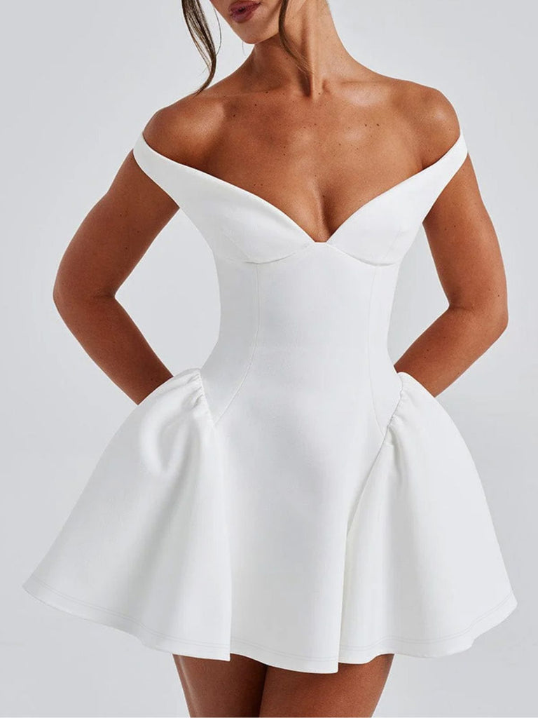 1970er Solide Schulterfrei Tief V-Ausschnitt Skater Kleid