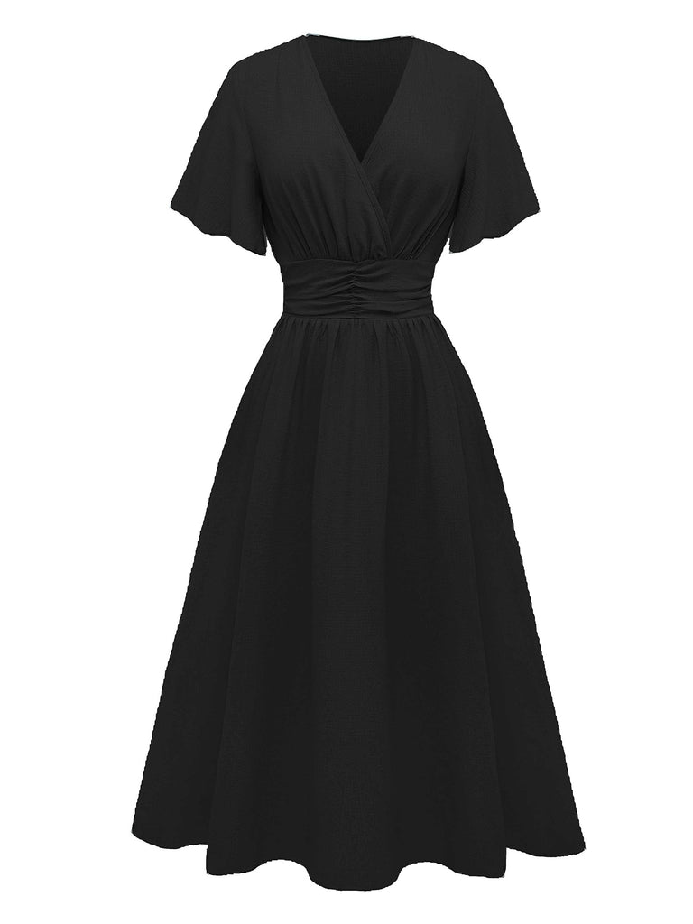 1940er V-Ausschnitt Rüschenärmel Schlitz Kleid