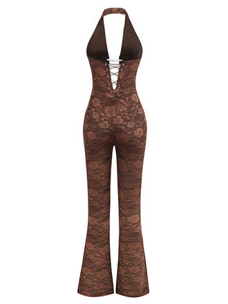 Braun 1970er Solide Schnürung Blumen Spitze Jumpsuit