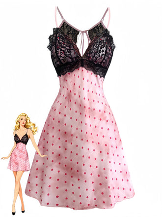 Rosa 1940er Satin Polka Dot Spitze Besatz Rückenfrei Nachthemd