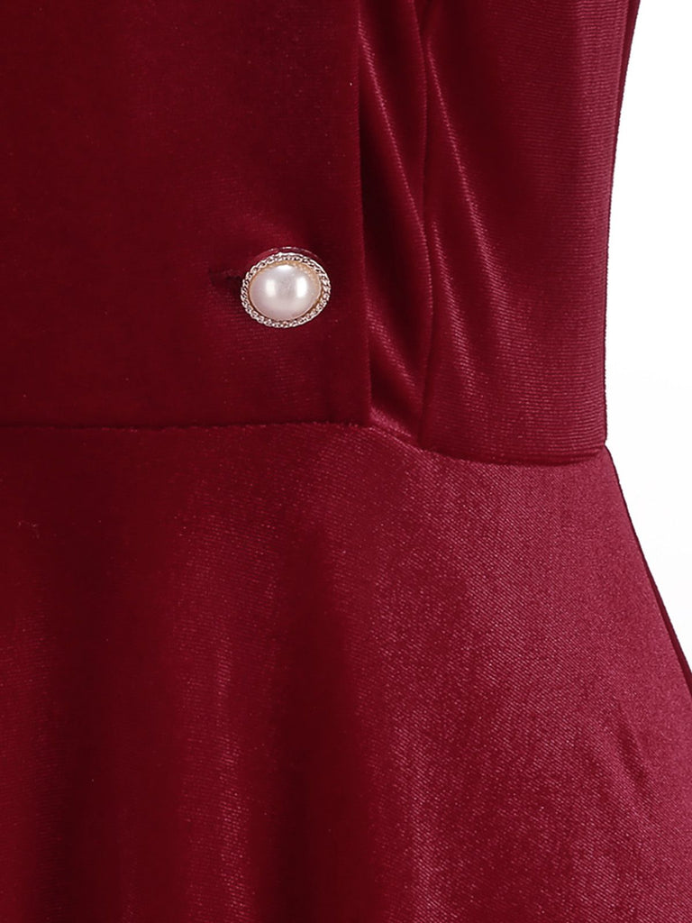 Rot 1950er Weihnachten Samt Santa Pelzkragen Perle Kleid