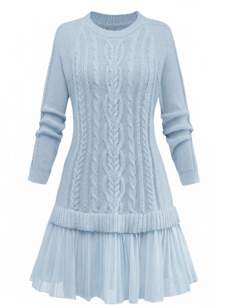 Beige 1940er Solide Zopf Stricken Plissiertes Saum Pullover Kleid