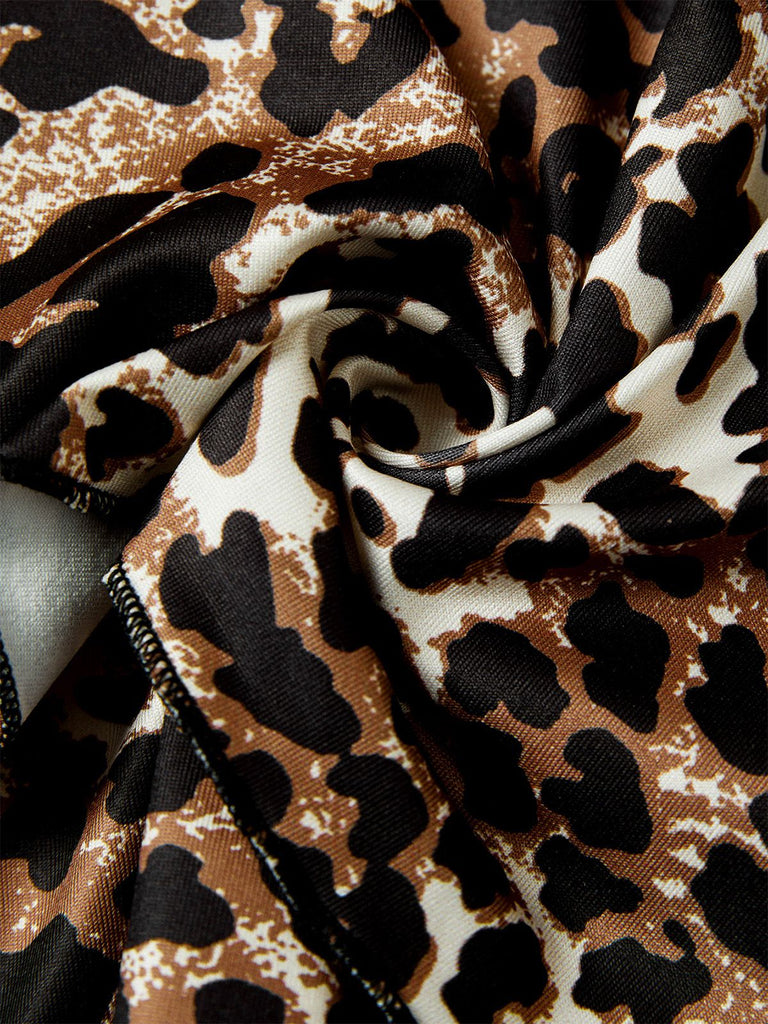 Schwarz 1980er Wickel Leopard Rüschen Binde Mini Kleid